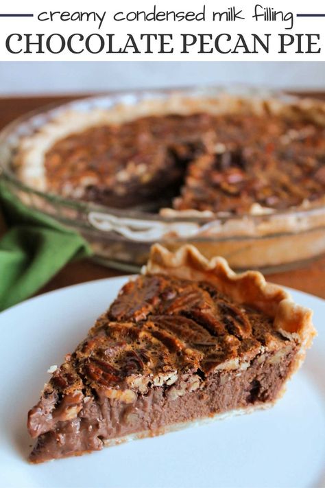 Chocolate pecan pie features a creamy condensed milk and cocoa filling topped with plenty of toasted nuts. The combination of the rich filling and toasted nuts make this pie one you will not forget. Little Debbie Christmas Tree Cheesecake, Christmas Tree Cheesecake, Recipes With Condensed Milk, Pie With Condensed Milk, Sweetened Condensed Milk Recipes, Little Debbie Christmas Tree, Flaky Pie Crust Recipe, Thanksgiving Pie Recipes, Pumpkin Pie Recipe Easy