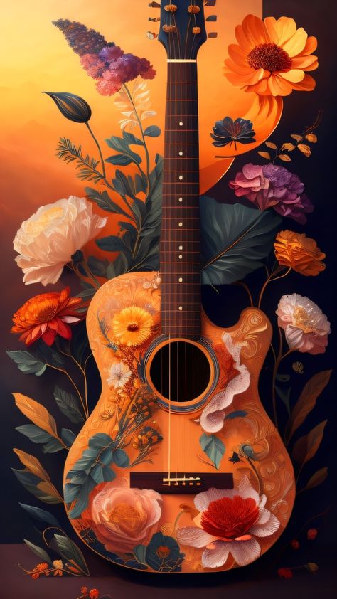 Classic Guitar Wallpaper, Guitar Wallpaper Art, Guitar Phone Wallpaper, Electric Guitar Wallpaper Art, Floral Acoustic Guitar, Retro Music Art, Music Notes Art, Pop Art Wallpaper, Music Artwork