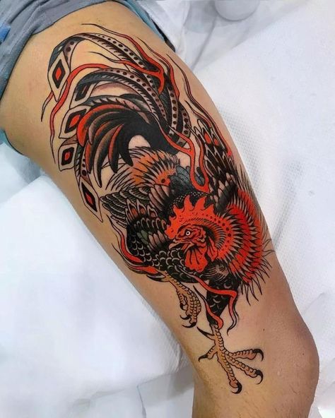 Thigh Tattoo Men, Chicken Tattoo, Rooster Tattoo, Traditional Tattoo Inspiration, Traditional Tattoo Sleeve, Quality Tattoo, Thigh Tattoos, Leg Sleeve Tattoo, Bad Tattoos