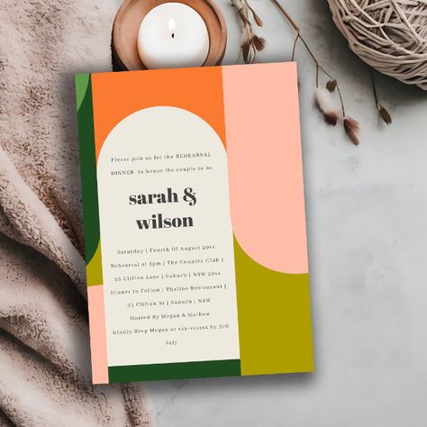 Colorful Groovy Retro Arch Bold Rehearsal Dinner Invitation Orange Green Wedding, Bold Wedding Invitations, 70s Theme, Colorful Wedding Invitations, Wedding Rehearsal Dinner Invitations, Colorful Invitations, Rainbow Vintage, Couples Shower Invitations, Floral Bridal Shower Invitations