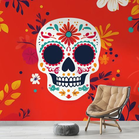 Crâne Calavera Festif Ce papier peint dynamique présente un grand crâne de style calavera, magnifiquement décoré de motifs floraux colorés sur un fond rouge vif. Les détails de chaque fleur et feuille ajoutent une texture riche et un caractère vibrant à l'ensemble, faisant de ce design un choix audacieux et festif. Cette illustration s'intègre parfaitement dans un décor qui célèbre les couleurs et les motifs audacieux, comme le style bohémien ou un intérieur inspiré par la culture mexicaine. Son Halloween