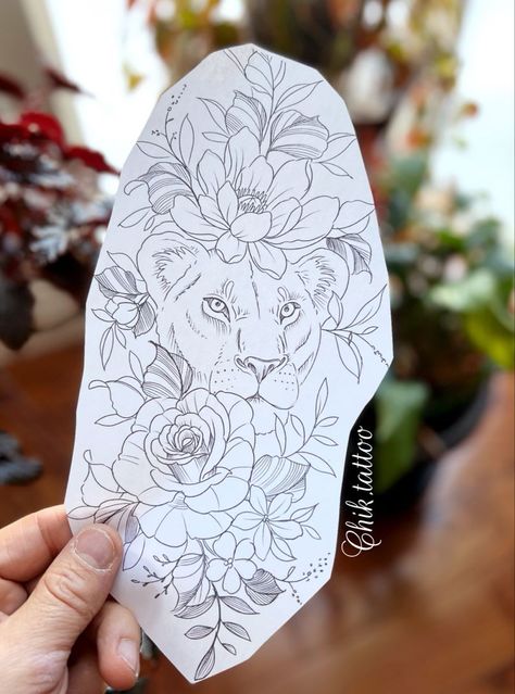 Lioness With Flowers Tattoo For Women, Floral Lioness Tattoo For Women, Floral Lioness Tattoo, Lioness With Flowers Tattoo, Sunflower Lion Tattoo, Lion And Sunflower Tattoo, Half Lion Half Flower Tattoo, Floral Animal Tattoo, Lion Tattoo Stencil