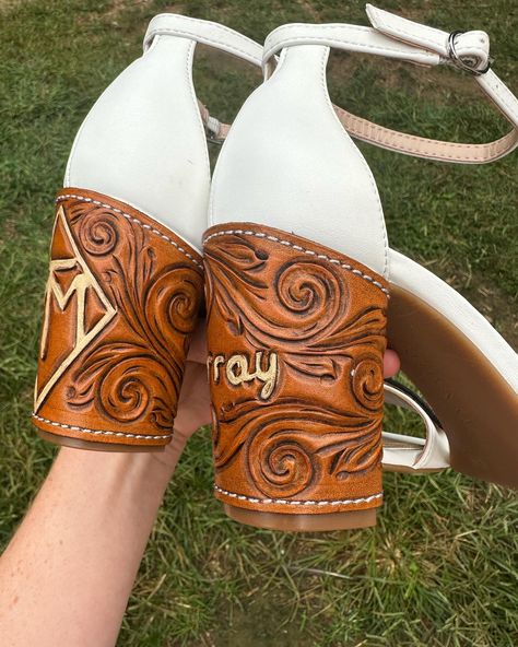 Customer’s brand and future last name!! Order your custom pair of wedding heels today!! - - - - - - - - - #westernn #leather #leathercraft #leathertools #leathertooling #tooled #tooledleather #tooling #toolingleather #tandy #tandyleather #wedding #weddingday #weddingshoes #westernwedding Tooled Leather Heels, Tandy Leather, Heels Wedding, Giveaway Time, Western Wedding, Wedding Heels, Tooled Leather, The Winner, Leather Tooling