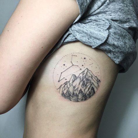 Tattoos Capricorn, Orion Tattoo, Star Constellation Tattoo, Constellation Orion, Nebula Tattoo, Colorado Tattoo, Mountain Tattoos, Capricorn Constellation, Constellation Tattoo