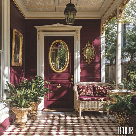 10+ Elegant Colors for Porch Using Burgundy and Gold • 333+ Inspiring Lifestyle Ideas Burgundy Exterior Door, Burgundy Home Exterior, Burgundy Front Door, Burgundy Door, Elegant Color Combinations, Burgundy Paint, Inspiring Lifestyle, Victorian Porch, Gold Planter