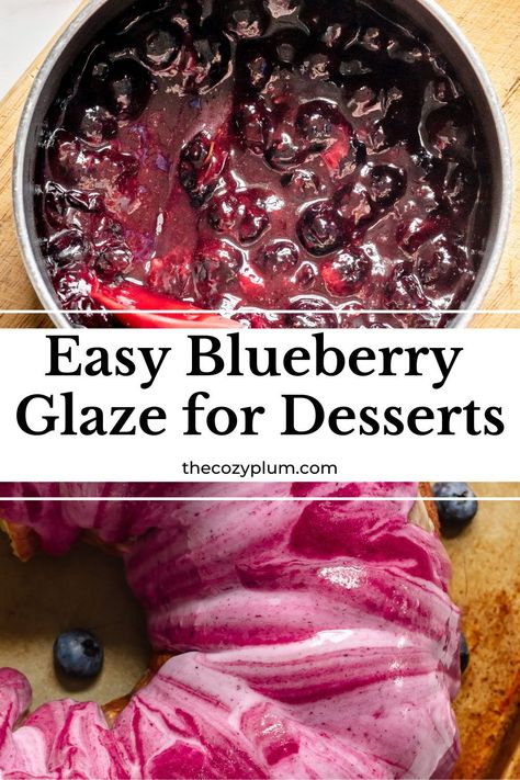 This quick and easy icing is the perfect blueberry glaze for cakes, cheesecakes, donuts, scones or pancakes! Adapt the color of the glaze to your liking or mix shades together to create a marbled effect! Glaze For Blueberry Muffins, Blueberry Sauce For Cake, Blueberry Glaze Recipe, Blueberry Glaze Topping, Glazes For Cakes, Blueberry Donut Recipe, Blueberry Icing, Frozen Blueberry Recipes, Powdered Sugar Recipes