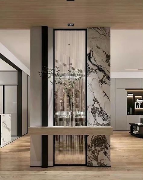 Stone Partition Wall Design, Entrance Partition Entryway, Modern Partition Wall Glass Panels, Foyer Partition, Entrance Partition, Modern Partition Walls, Wall Partition Design, Latest Living Room Designs, Divider Design