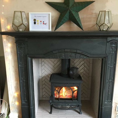 Coloured Log Burner, Faux Log Burner, Black Fire Surround Ideas, Log Burner Victorian Fireplace, Tiled Fireplace Log Burner, Tiled Hearth Ideas Log Burner, Tiles Behind Log Burner, Tiled Log Burner Fireplace, Cast Iron Fireplace Living Room