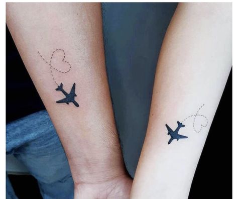 Minimalist Matching Tattoos, Distance Tattoos, Plane Tattoos, Small Bff Tattoos, Connecting Tattoos, Paper Plane Tattoo, Matching Tattoos For Siblings, Matching Bff Tattoos, Matching Bff