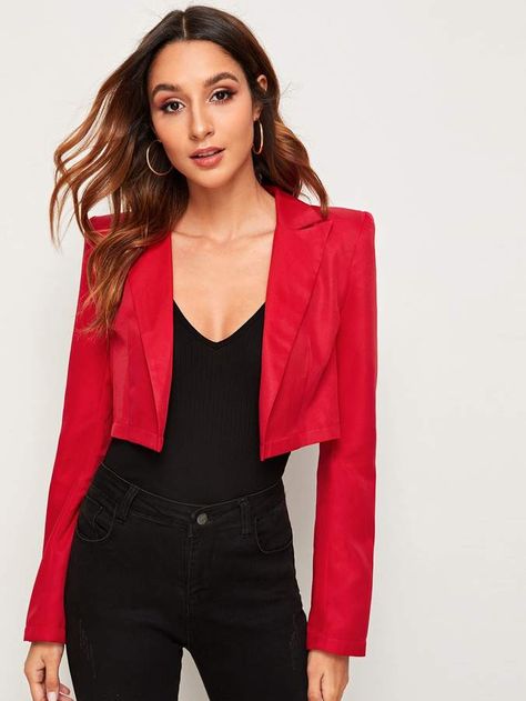 Shein Solid Crop Blazer Crop Blazer Outfit, Red Blazer Outfit, Women Blazers, Gingham Jacket, Work Blazer, Bright Fabrics, Blazer Outfit, Crop Blazer, Red Blazer