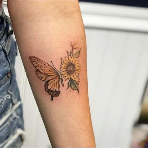 45 Sunflower and Butterfly Tattoo Designs: Ideas for Your Next Ink | Art and Design Sunflower Butterfly Tattoo, Sunflower And Butterfly Tattoo, Monarch Butterfly Tattoo, Butterfly Name Tattoo, Blue Butterfly Tattoo, Butterfly Tattoo On Shoulder, Sunflower Images, Sunflower Butterfly, Small Sunflower