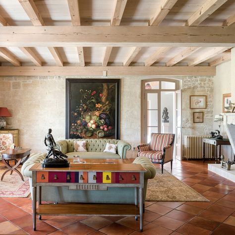 Southwestern Living Room - American Southwest - Living Room - Albuquerque - by Chandler Prewitt Interior Design | Houzz AU Saltillo Tile Living Room, Southwest Living Room, Red Tile Floor, Terracotta Living Room, Southwestern Living Room, Southwest Living, Mediterranean Living Room, Saltillo Tile, Mediterranean Living