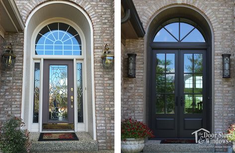 The change from a standard size to taller door provides better scale for this tall entryway opening. We also love that the porch lights are well proportioned to the door. Window Above Door, Arched Front Door, Wrought Iron Front Door, Double Door Entryway, Front Door Inspiration, House Front Door Design, Iron Front Door, Custom Front Doors, Front Door Entryway