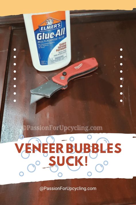 Veneer bubble repair is not hard!  Don't run away from a diamond in the rough, that can easily be retored! I'll show you how!  #FurnitureMakeoverDiy, #PassionForUpcycling How To Fix Bubbled Laminate Furniture, Painting Pressed Wood, Repair Wood Furniture, Mdf Furniture, Furniture Cleaning, Laminate Cabinets, Laminate Furniture, Refinishing Furniture Diy, Diamond In The Rough