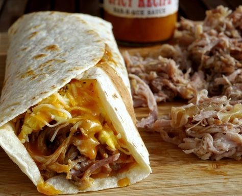 Slow Cooker Pulled Pork Breakfast Burritos | 18 Breakfast Burritos That Will Get You Out Of Bed In The Morning Barbecue Breakfast, Pulled Pork Breakfast, Breakfast Tailgate, Pork Breakfast, Sweet Potato Burrito, Pork Crock, Vegan Breakfast Burrito, Breakfast Wrap, Breakfast Burritos Recipe