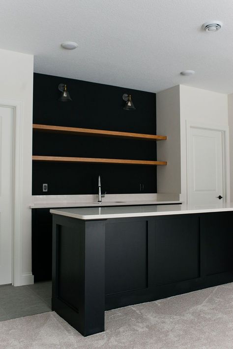 Diy Basement Wet Bar Ideas, Basement Bar Simple, Black Bar Ideas For Home, Black Bar Ideas, Under Bar Wall Ideas, Basement Bar Designs Modern, Custom Bars For Home, Black Basement Bar, Simple Basement Bar Ideas