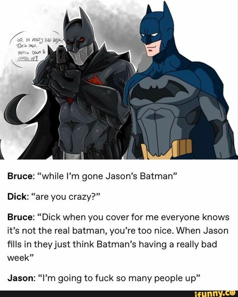 Superbat Funny, Dating Jason Todd Aesthetic, Nightwing Memes, Superbat Comics, Dark Anime Aesthetic Pfp, Nightwing Funny, Jason Batman, Dc Funny, Real Batman