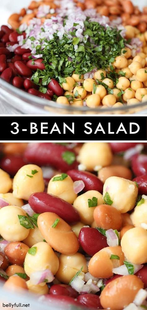 This Three Bean Salad is a ridiculously easy and healthy side salad that requires no cooking, comes together in 15 minutes, and for under $5.00 - so colorful and great for potlucks! Three Bean Salad Recipe, Four Bean Salad, 3 Bean Salad, Homemade Beans, Bean Salad Recipe, Three Bean Salad, Bean Salad Recipes, No Cooking, Healthy Side