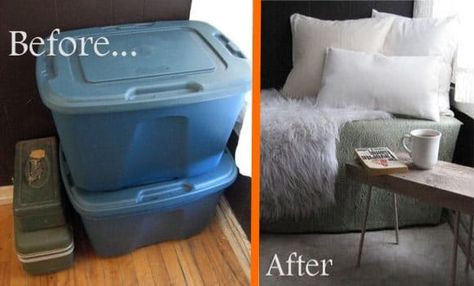 35 Brilliant Ways To Use Plastic Storage Bins. If you live in a small space, turn your unsightly large, plastic storage bins into additional seating. All you need are two large storage bins with lids, a long piece of plywood, some foam batting, and the material you want to cover the seating with. Look here for more info: https://www.apartmenttherapy.com/before-after-convert-storage-b-138501 Plastic Bins Makeover, Repurpose Storage Bins, Large Plastic Containers, Diy Plastic Storage Bin Makeover, How To Hide Storage Totes, What To Do With Extra Storage Bins, Hide Plastic Storage Bins, Decorate Storage Bins, Plastic Tub Storage Ideas