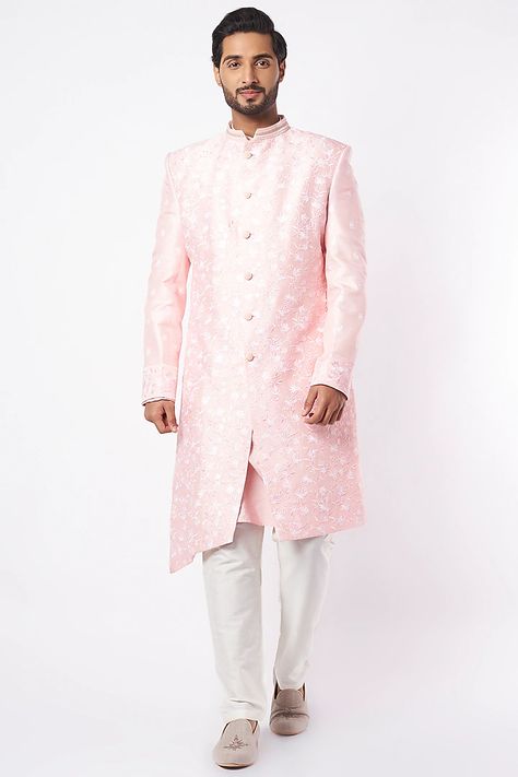 Pastel Pink Embroidered Sherwani Set Design by Adah Men at Pernia's Pop Up Shop 2022 Pink Sherwani, Jaal Embroidery, Silk Pajama Pants, Embroidered Sherwani, Sherwani Groom, Wedding Sherwani, Silk Pajama, Dupion Silk, Embroidered Wedding