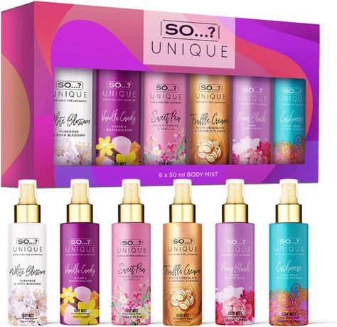 FRAGRANCE NOTES - Sweet, Vanilla, Citrus, Woody, Amber, Oriental, Fruity, Floral. LAYER LIKE A PLAYER - Looking for a perfume that is unique to you? Say hello to our So…? Unique body mist range. Each scent can be worn alone, or adapted and blended for every mood, schedule and occasion. THE PERFECT GIFT - Our So…? Unique Grande gift set is the ideal gift for women, girls, teengage girls and stocking fillers at Christmas! Containing a 6x50ml body mist fragrance sprays. RECYCLABLE AND CRUELTY FREE - All So…? Body mist sprays are proud to be cruelty free and packaged in recyclable packaging WHO WE ARE - So…? Fragrance is the #1 best-selling self-select fragrance brand in the UK. Whether you’re the boardroom girl boss, looking for a holiday essential, have pamper night desires or are in a flora So Body Mist, Perfume Set, Mum Birthday Gift, Holiday Essentials, Mist Spray, Fragrance Spray, Signature Scent, Body Mist, Stocking Fillers