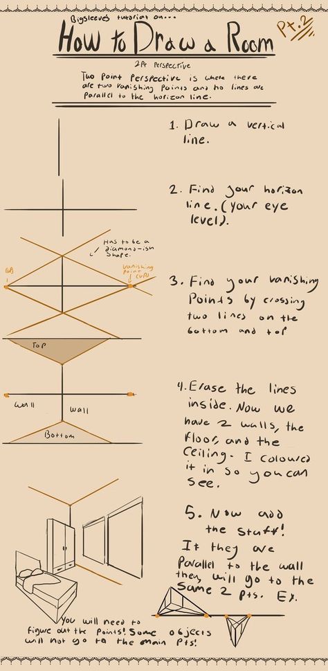 2point Perspective Room, 2 Point Perspective Drawing Reference, How To Draw A Room In Perspective, Room In 1 Point Perspective, How To Draw A Corner Of A Room, How To Practice Drawing Backgrounds, Drawing Room Perspective, Point Of Perspective Art, Room In Perspective Drawing