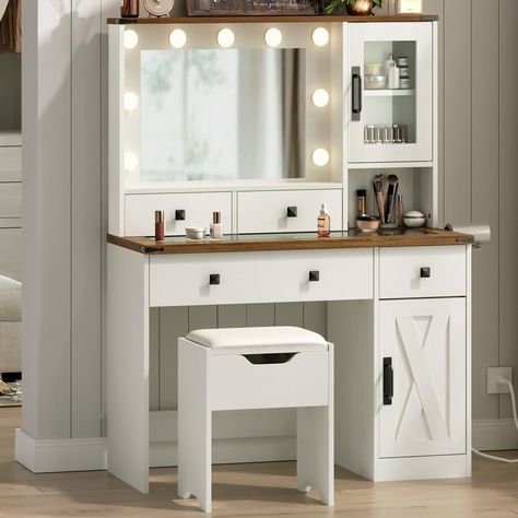 PRICES MAY VARY. Glass Top Vanity Table: The glass top of the vanity desk perfectly blends with the cottage theme, creating a warm and elegant atmosphere. The clear design keeps your array of cosmetics or accessories at a glance, saving you extra time searching for them Versatile Lighting Modes: The vanity desk with mirror and lights has 9 LED bulbs that offer 3 color modes (warm/natural/cold) and 10 brightness levels to meet your diverse needs. It is an excellent companion for your makeup, hair Wood Vanity Bedroom, Vanity Cheap, Homemade Vanity, Vanity With Lighted Mirror, Beige Vanity, Desk Makeup Vanity, Cosmetic Table, Simple Vanity, White Vanity Mirror