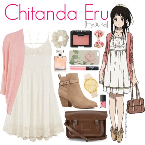 Casual cosplay of Eru Chitanda (from Hyouka anime series)-- character inspired outfit Otaku Clothes, Everyday Cosplay, Character Inspired Outfits, Fandom Fashion, Fandom Outfits, Anime Inspired Outfits, Casual Cosplay, Cambridge Satchel, Kawaii Clothes