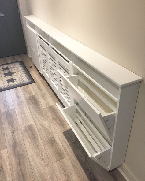 Modern Radiator Cover, Diy Radiator Cover, Layered Lighting, Hallway Shoe Storage, Stairs Renovation, Hallway Furniture Storage, Mudroom Bench Plans, Diy Mudroom Bench, Diy Concrete Countertops