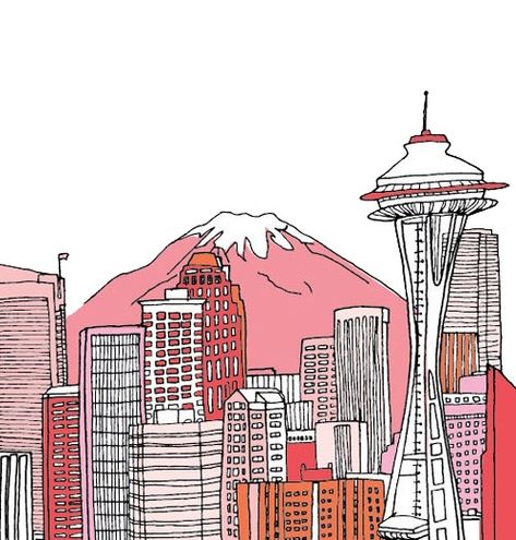 Seattle Skyline Drawing, Seattle Skyline Painting, Drawing Skyline, Seattle Poster, Skyline Drawing, Travel Doodles, Seattle Photography, Seattle Art, Skyline Art