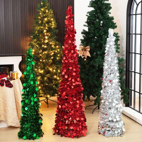 PRICES MAY VARY. Versatile Size Options: you will receive 3 pieces of our pop up Christmas trees of different sizes, including 4 ft, 5 ft and 6 ft, which have assorted colors to choose, including green, silver and red; Whether you need a compact tree for limited space or a grand centerpiece for a large living room, rest assured this tree can accommodate your needs nicely Collapsible and Reusable: no need to fuss about storage with this collapsible and reusable pencil Christmas tree; Once the fes Pop Up Tree, Tree For Christmas, Tinsel Christmas, Tinsel Christmas Tree, Christmas Tinsel, Tinsel Tree, Pencil Christmas Tree, Silver Christmas Tree, Christmas Interiors