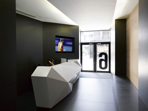 Reception desk in narrow entrance. Narrow Reception Desk, Narrow Reception Area, Lobby Reception Desk, Narrow Entrance, Future Office, Modern Office Space, Reception Furniture, Architects Office, Reception Desks