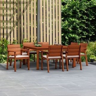 Get the perfect set-up for al fresco dinner parties with this Amazonia Albany nine-piece dining set. Made of eucalyptus wood and featuring polyester cushions, this weather-resistant dining set provides durable service and seating comfort. A cutout hole on the table lets you set up an outdoor umbrella and enjoy sun protection. Table has a 2-inch umbrella hole FREE Amazonia Maintenance Kit included with this set. Amazonia Maintenance Kit includes: A wood cleaner, Brush, Gloves, Sponge, Emery Paper Wooden Dining Set, Eucalyptus Wood, Square Table, White Cushions, Natural Wood Finish, Patio Dining Set, Wood Square, Outdoor Parties, Square Tables