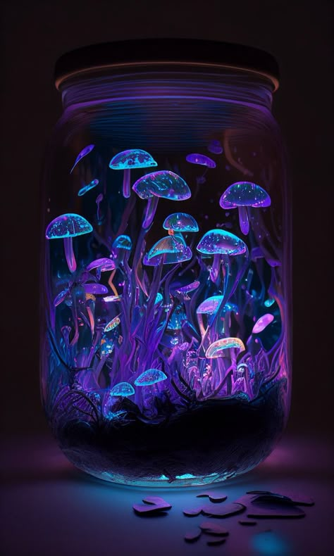 Bioluminescent Mushroom Art, Purple Mushrooms Wallpaper, Purple Mushroom Aesthetic, Mushroom In A Jar, Pretty Fungi, Mushroom Wizard, Bioluminescent Mushrooms, Lights Bedroom Decor, Purple Mushrooms