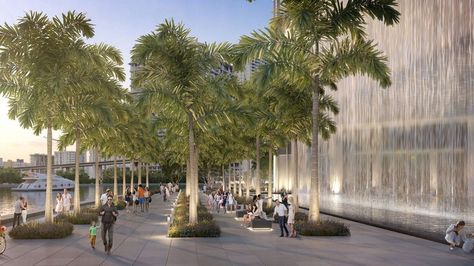 View of Palm Court and Waterfall. Image Courtesy of KAR Properties Palm Plaza, Palm Court, Miami Skyline, Luxury Real Estate Marketing, Luxury Landscaping, Tower Design, Downtown Miami, The Two Towers, Skyline View