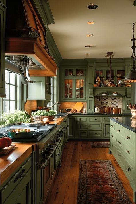 41+ Green Kitchen Ideas [Sage, Olive & More] Sage Kitchen, Sage Green Kitchen, Victorian Kitchen, Green Kitchen Cabinets, Farmhouse Kitchens, Green Cabinets, Dark Kitchen Cabinets, Living Room Green, Dream House Interior