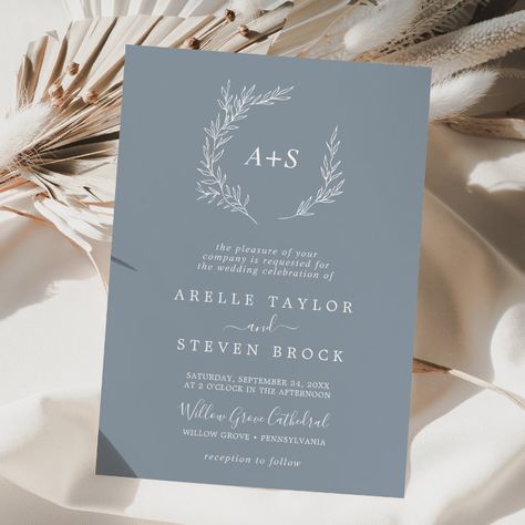 Dusty Blue And White Wedding, Modern Bride And Groom, Whimsical Minimalist, Minimalist Leaves, Wedding Greenery, Monogram Wedding Invitations, Formal Wedding Invitations, Wedding Anniversary Invitations, Dusty Blue Weddings