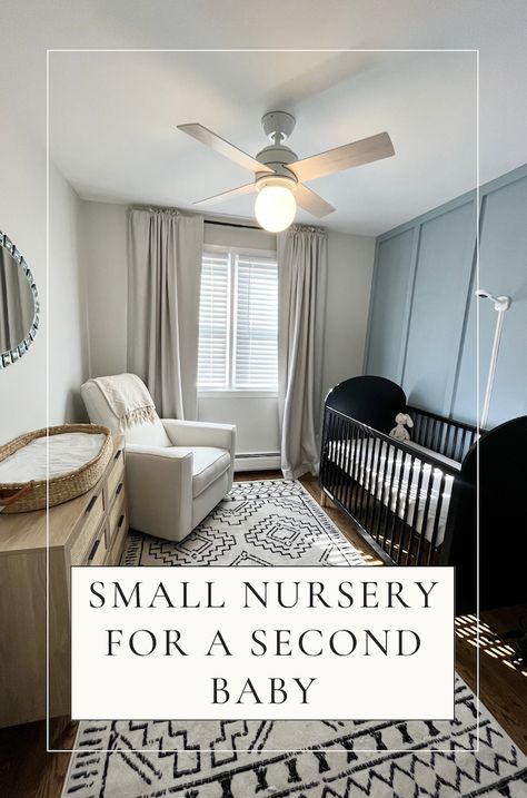 Small nursery for our second baby #nursery #babyboy #smallnursery #baby Small Boy Nursery, Black Crib, Small Nursery, Dresser Drawer Organization, Small Nurseries, Baby Boy Room Nursery, White Ceiling Fan, Nursery Room Inspiration, Second Pregnancy