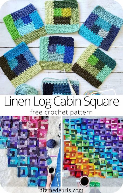 Learn how to make the Linen Log Cabin Square, a fun take on a classic design, from a free crochet pattern by DivineDebris.com Scrapghan Crochet Granny Squares, Crochet Log Cabin Afghan Pattern, Log Cabin Crochet Pattern, Crochet Log Cabin, Cabin Crochet, Diy Crochet Ornaments, Temp Blanket, Crochet Quilts, Crochet Quilt Pattern