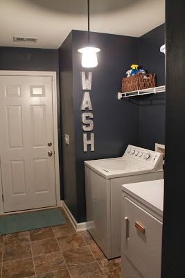 Navy Blue Wall Paint, Dark Mudroom, Navy Blue Laundry Room, Shiplap Mudroom, Laundry Room Blue, Farmhouse Concrete Countertops, Blue Laundry Room, Mudroom Cabinetry, Wall Shiplap