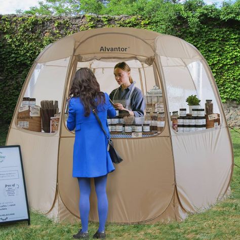 Alvantor Vendor Booth Outdoor Instant Gazebos is pop up style and easy to set up, so do-it-yourselfers can put this screen tents to use quickly. This pop up vendor canopy tent fabric is 150D oxford which provides an all-day UPF 50+ UV protection against burning sun, one large back entrance door with double side silicone zippers, allow easy access from the inside and outside, enough hooks and 2 large mesh pockets, convenient for you to store accessories.A black of stripe cover can be hook and loo Pop Up Vendor, Pop Up Vendor Booth, Screen Tent, Bubble Tent, Tent Fabric, Mobile Store, Vendor Booth, Pop Up Canopy Tent, Pvc Windows