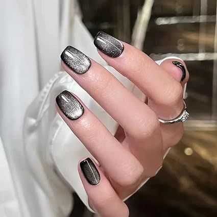 Magnetic Square Black & Silver, Cat Eye Gel Nail Glossy for Fall, Halloween party Futuristic ideas Black Nails With Silver Tips, Deepavali Nails, Disco Outfits, Eye Nail Art, Nagellack Trends, Gothic Nails, Silver Nail, Color Nails, Cat Eye Nails