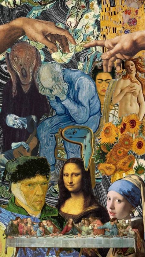 Famous Art Aesthetic, Painting Collage Aesthetic, Cool Art Collages, Collage Art Music, Moodboard Collage Aesthetic, Artist Collage Wallpaper, Kolaj Art Ideas, Aesthetic Monalisa, Famous Paintings Collage