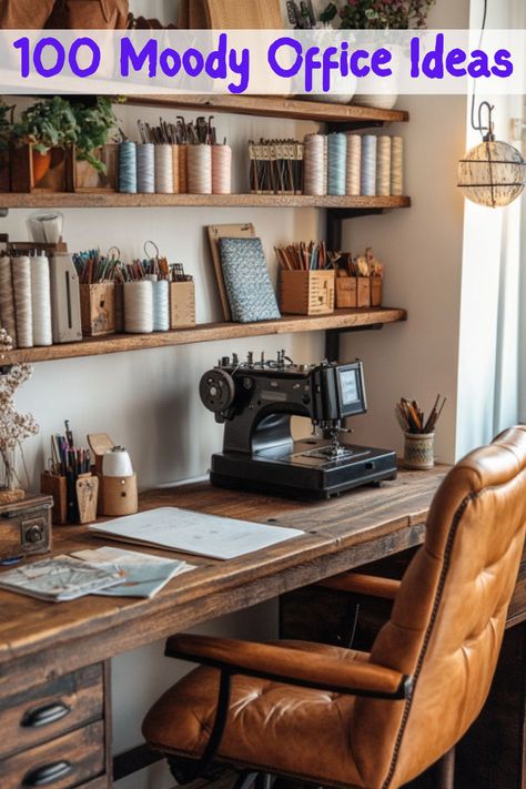 A vintage sewing station with a leather chair, wooden desk, and neatly arranged shelves of sewing supplies, combining moody office ideas for a dark modern office, dark moody small home office, or small moody office, creating a cozy and organized dark home office that complements the home office dark aesthetic. Dark Home Office Ideas, Moody Office Inspiration, Moody Office Ideas, Small Moody Office, Dark Home Office, Grand Office, Home Office Dark, Home Office Diy, Moody Office