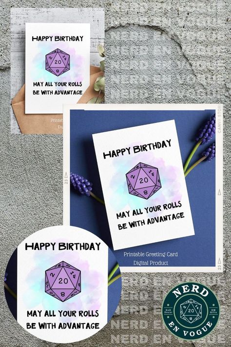 Printable DnD Birthday Card for Dungeons and Dragons Players. This digital greeting card features a D20 dice and wishes advantage rolls on the recipient. This would make an ideal birthday card gift for a D&D player or nerdy RPG gamers such as Pathfinder players and Games Masters. Dnd Birthday, Gifts For Gamer Boyfriend, Dnd Diy, Cricut Birthday Cards, Diy Pop Up Cards, Dnd Shirts, Dungeons And Dragons Gifts, Dungeon Master Gifts, Nerdy Wedding