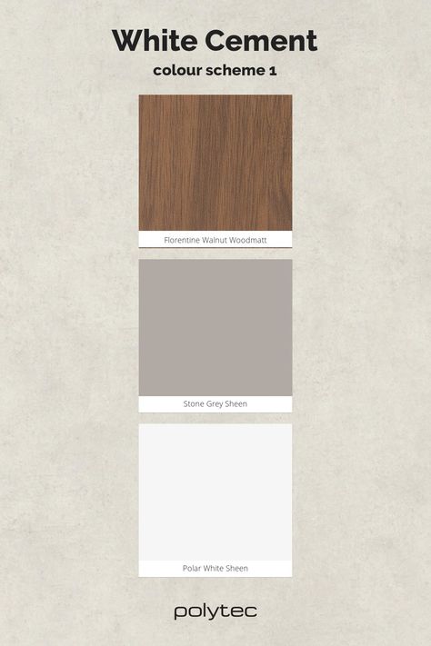 Colour Collection featuring: White Cement, Florentine Walnut, Stone Grey, Polar White Grey And White Palette, Walnut Color Combination, Walnut Colour Palette, Wood And Color Combinations, White Combination Colour, Walnut Wood Color Palette, White Grey Colour Palette, Wood Colour Combination, Walnut Palette