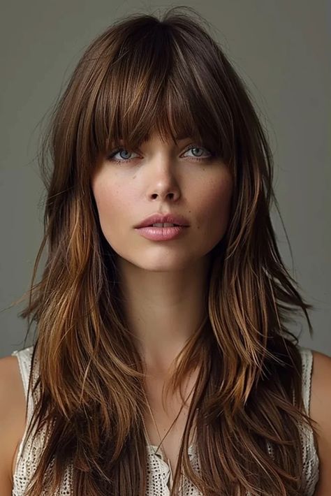 Haircut Long Bangs, Long Hair With Fringe, 70s Haircuts, Long Choppy Layers, Parisian Hair, Long Layered Hair With Bangs, Hair Fringe, Bangs Hairstyle, Wolfcut Hair Long