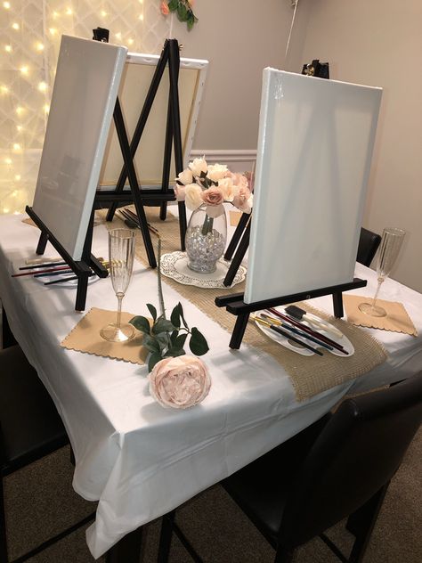 Sip And Paint Table Decor, At Home Paint And Sip Party Ideas, Paint And Sip Table Decor, Paint And Sip Party Decorations, Paint And Sip Decor, Sip And Paint Decorating Ideas, Painting Centerpieces, At Home Paint And Sip Party, Paint And Sip Ideas Parties Decorations