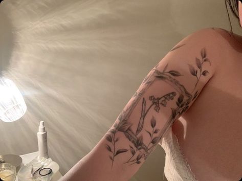 Shoulder Tattoo Aesthetic, Shoulder To Arm Tattoos For Women, Flower Frame Tattoo, Ethereal Tattoo Sleeve, Arm Tattoo Flower, Picture Frame Tattoo, Lily In The Valley, Shoulder Flower Tattoo, Ash Leaves