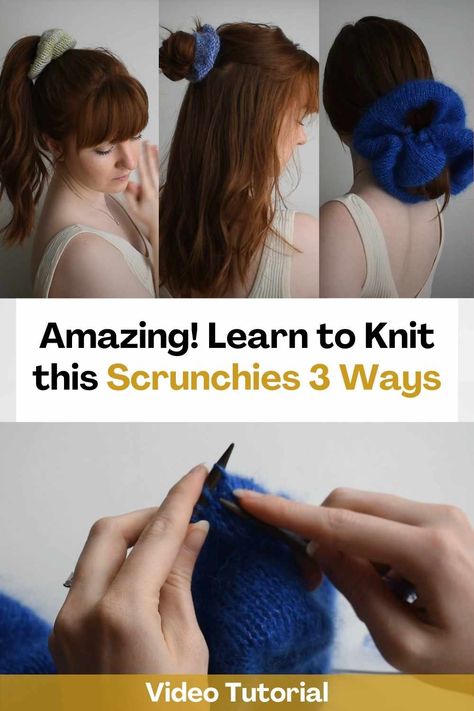 Thanks to this video tutorial you will be able to learn how to knit these scrunchies in 3 ways. They are super cute, easy and quick to make. The creator of that video will teach you how to make this knitted hair tie step by step, with different sizes, textures and colors. This knitting project is fun and the result of these scrunchies is very beautiful. They would also be the perfect gift for a friend, loved one or even for yourself! Start knitting these scrunchies and you will see that you... Knit Scrunchies Free Pattern, Scrunchie Knitting Pattern, Knitted Scrunchies, Knitted Hair Scrunchies, Knit Scrunchie, Knit A Scrunchie, Knit Hair Scrunchie, Skirt Images, Stylish Scarves